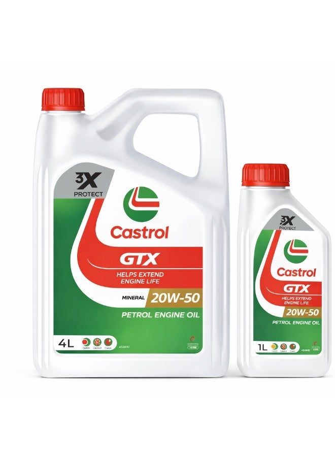 كاسترول زيت محرك معدني كاسترول GTX للبنزين 20W-50 – سعة 4 لتر و1 لتر - Image 1